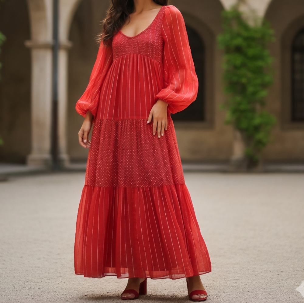 Vintage Long Maxi Dress Tiered Empire Waist Plunge Neckline Red Polka Dot